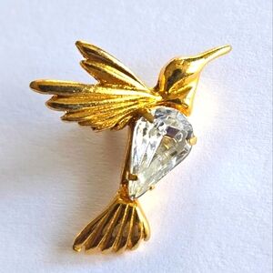 Vintage hummingbird brooch jelly belly gold tone bird pin clear rhinestone